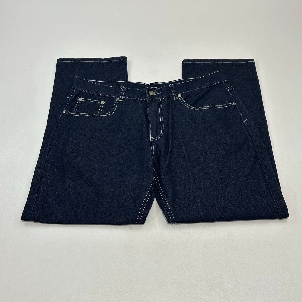 MECCA Men's Jeans Dark Indigo Straight Leg Contrast Stitch Detailing, Size 38/32